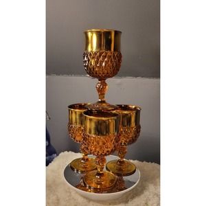 Vintage Indiana Glass Amber Diamond Point Glasses/Goblets Set Of 4